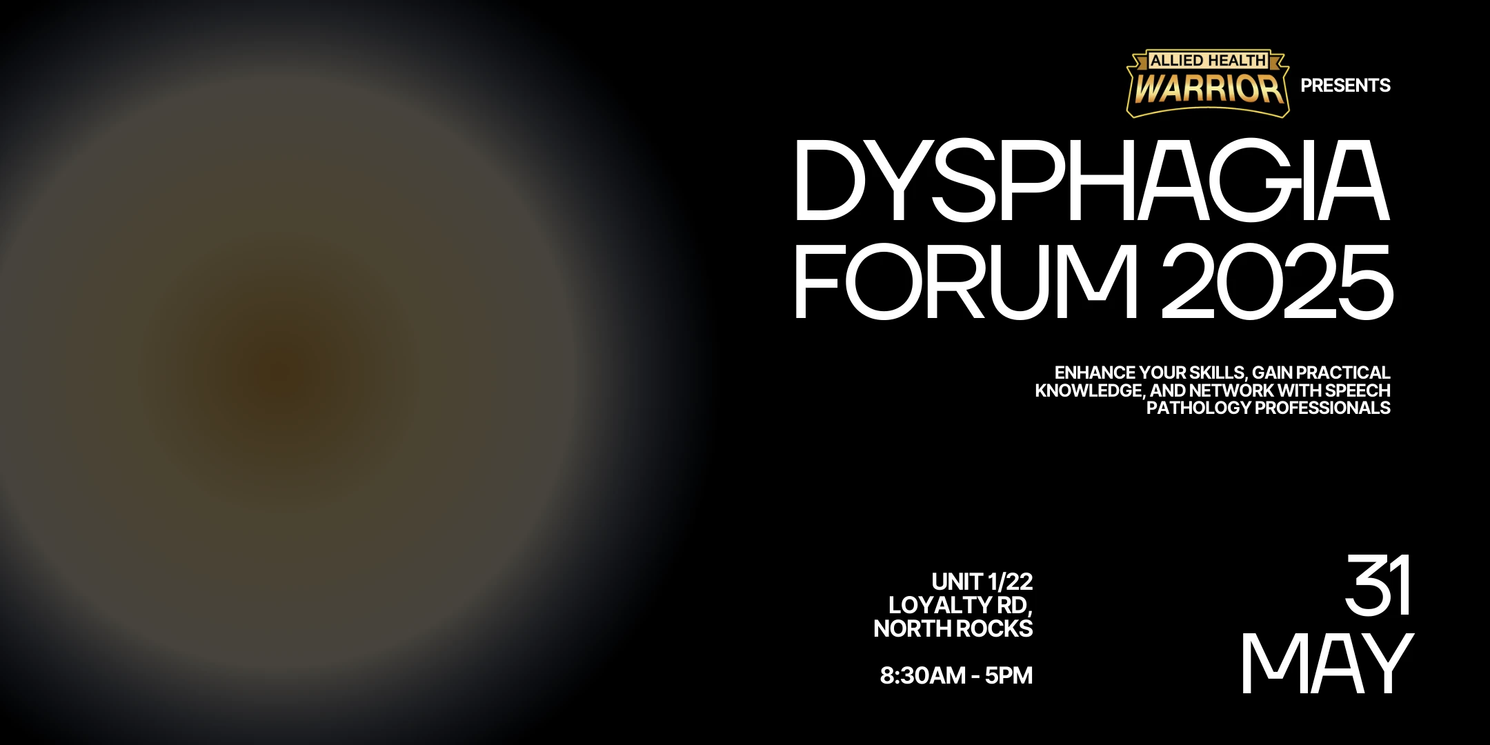 Event banner for Dysphagia Forum 2025 with date, location, and speech pathology focus.