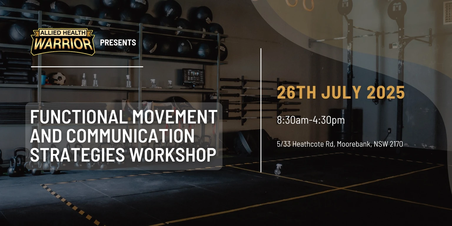 Workshop banner showing functional movement and communication strategies training in a gym setting with date and location details.