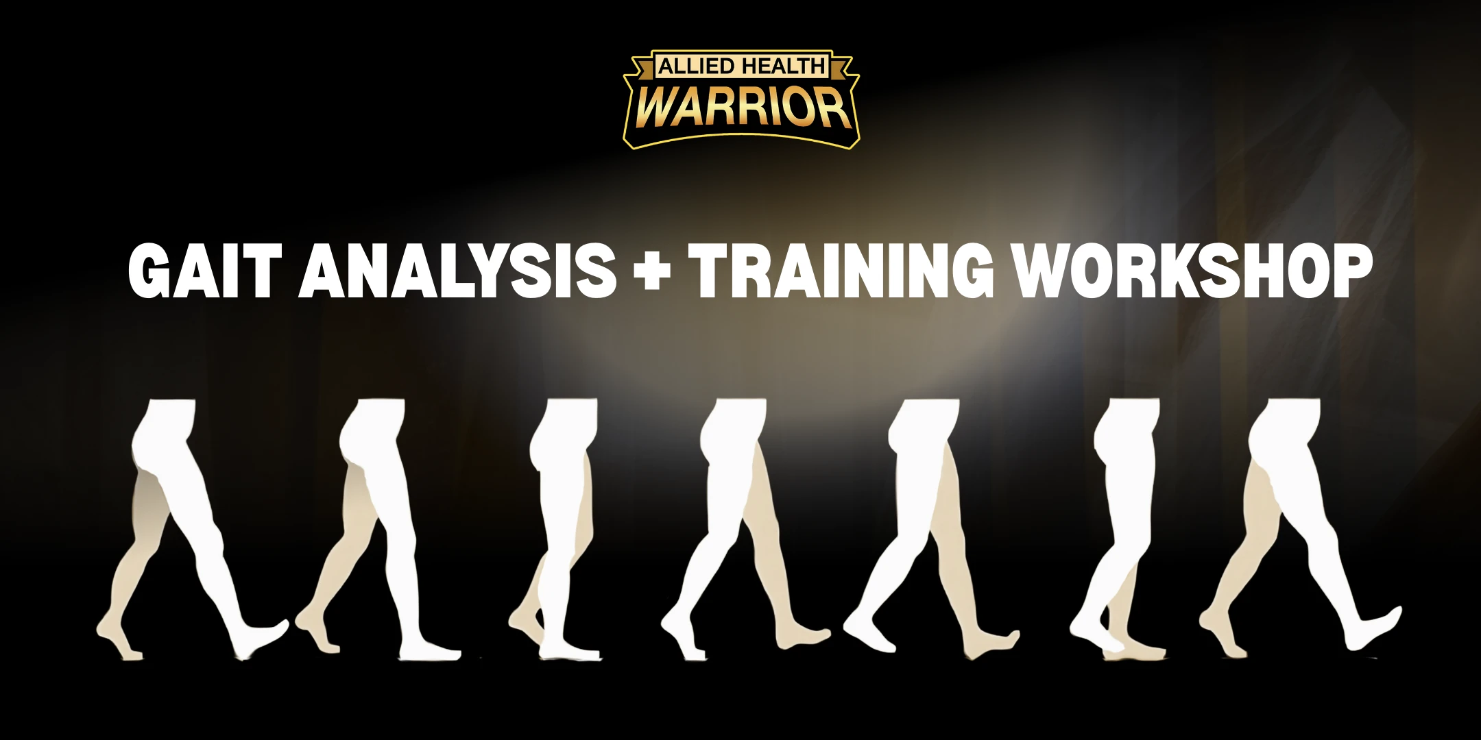 Workshop banner illustrating gait analysis and training with walking movement silhouettes.