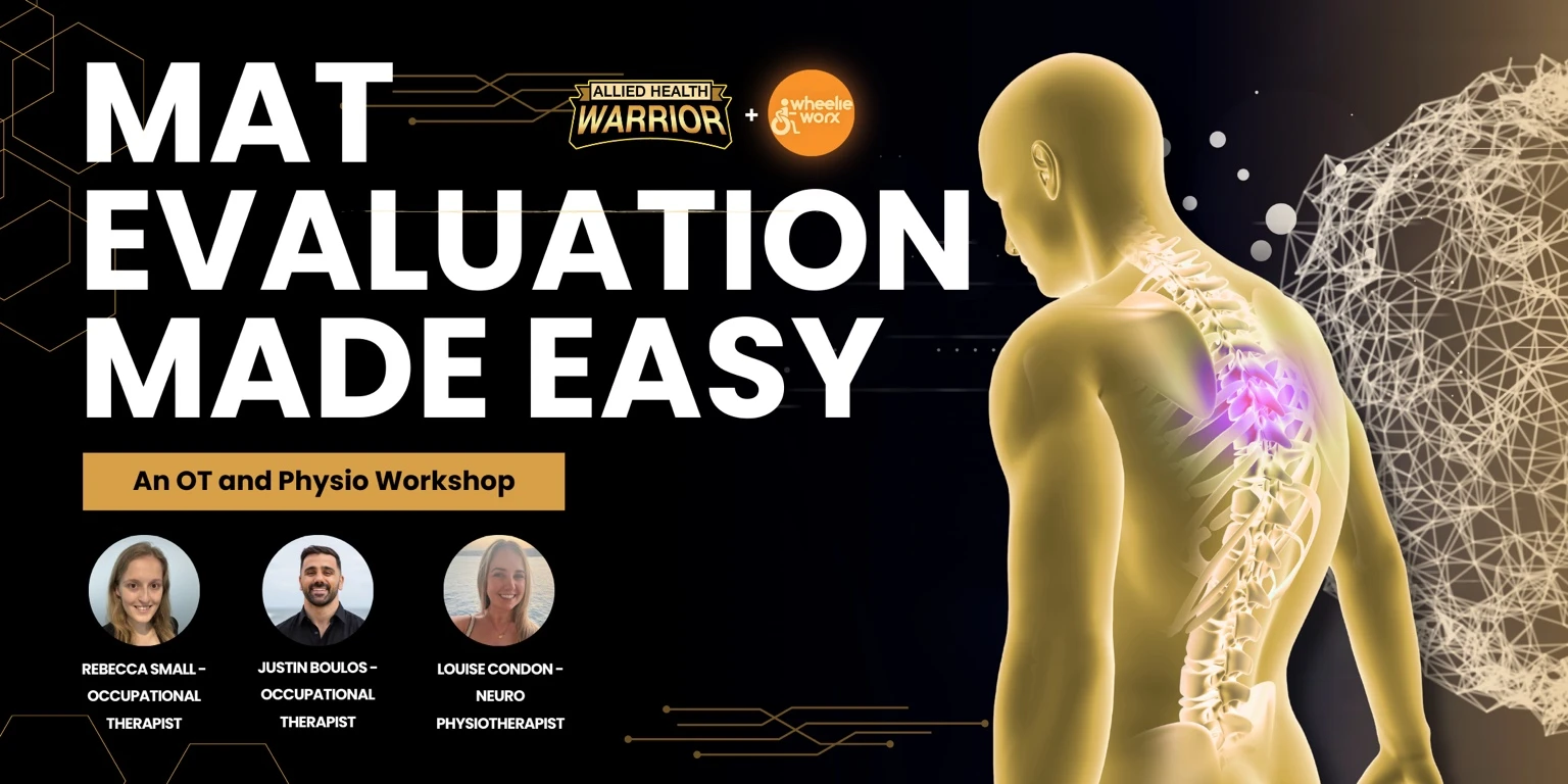 Promotional graphic for mat evaluation workshop featuring spine visual and presenters.