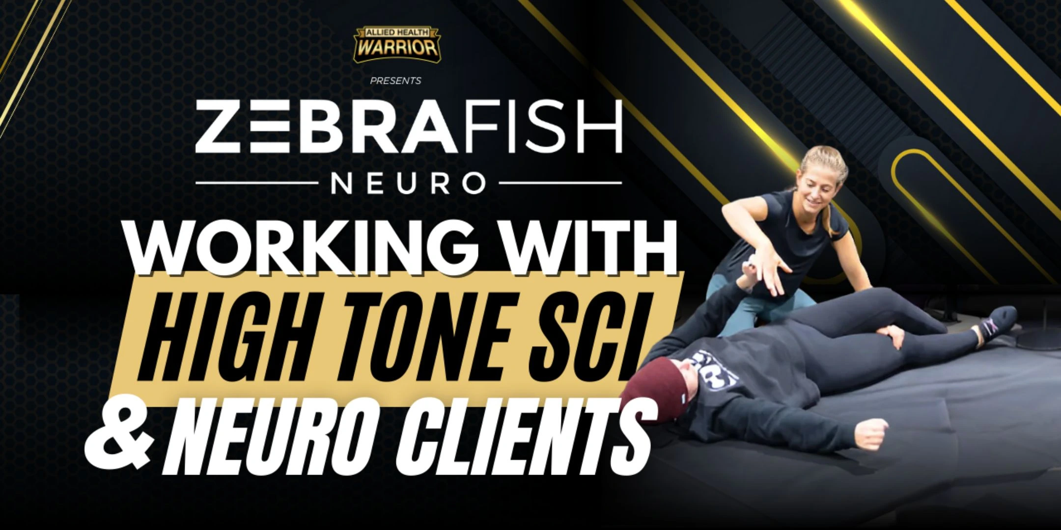 Workshop banner showing therapist assisting patient with high tone neurological condition on treatment table.